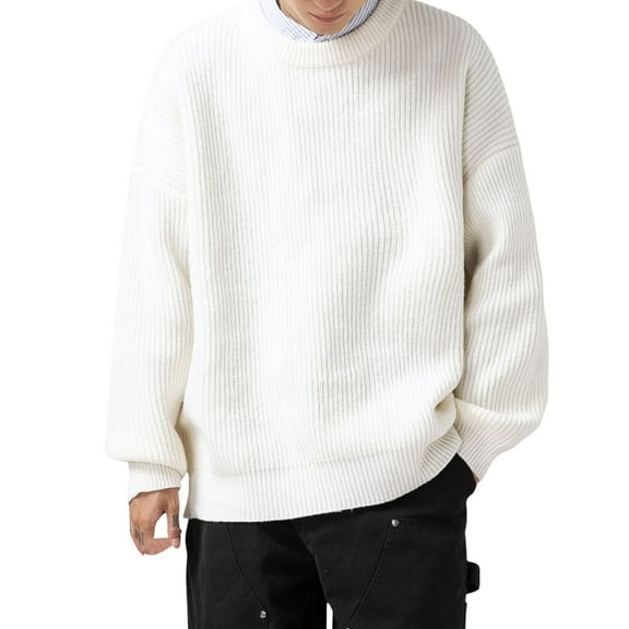 DHFJKG Mens Ribbed Sweaters Crewneck Relaxed Fit Solid Color Casual Cable Knitted Pullover Long Sleeve Top Comfort Jumper Tops