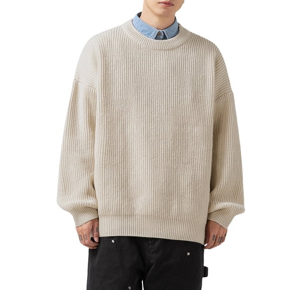 DHFJKG Mens Ribbed Sweaters Crewneck Relaxed Fit Solid Color Casual Cable Knitted Pullover Long Sleeve Top Soft Jumper Tops