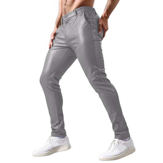 DHFJKG Mens Slim Fit Stretch Leather Pants Solid Color Elastic Waistband Casual Pants Performance Wear Stylish Trousers