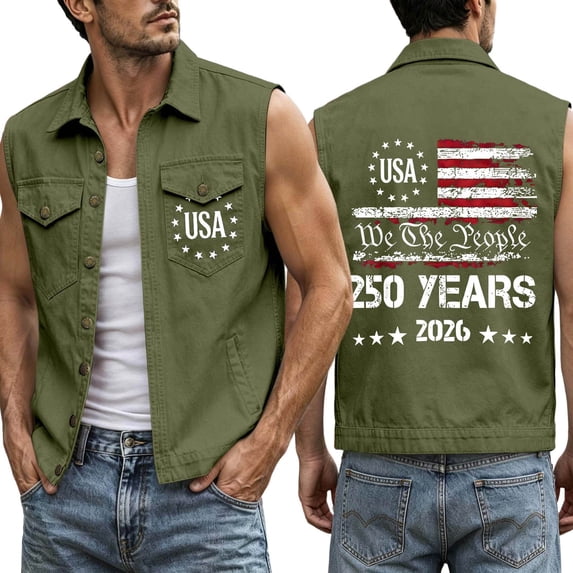 DHFJKG Mens Vest 4Th Of July 1776-2026 Independence Day Sleeveless Button Up Outerwear Jacket We The People Tops