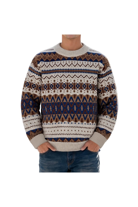 Mens Vintage Fair Isle Knit Sweaters Thickened Loose Fit Crew High Neck Long Sleeve Knitted Pullover Warm Fall Winter Comfort Jumper Tops