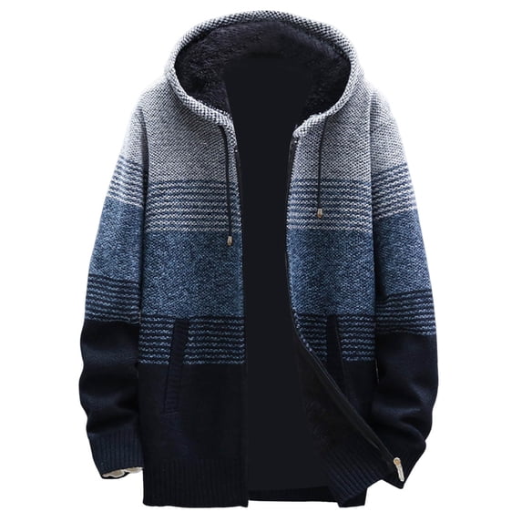 DHFJKG Mens Zip Up Knit Hoodies Sweater Jacket With Thick Fuzzy Lining Plus Size Loose Fit Striped Hooded Drawstring Cardigan Coat With Pockets Classic Outerwear