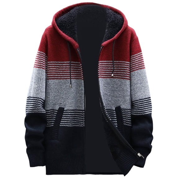DHFJKG Mens Zip Up Knit Hoodies Sweater Jacket With Thick Fuzzy Lining Plus Size Loose Fit Striped Hooded Drawstring Cardigan Coat With Pockets Cozy Outerwear