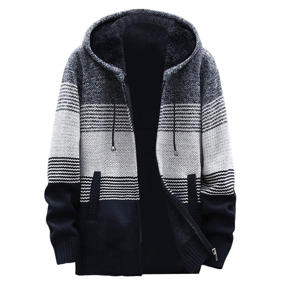 DHFJKG Mens Zip Up Knit Hoodies Sweater Jacket With Thick Fuzzy Lining Plus Size Loose Fit Striped Hooded Drawstring Cardigan Coat With Pockets Versatile Outerwear