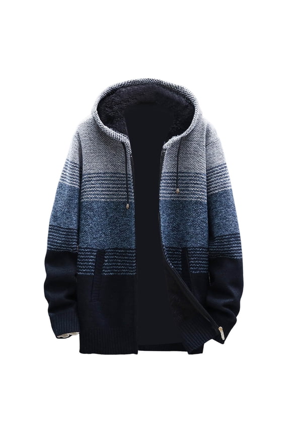 Mens Zip Up Knit Hoodies Sweater Jacket With Thick Fuzzy Lining Plus Size Loose Fit Striped Hooded Drawstring Cardigan Coat With Pockets Versatile Outerwear