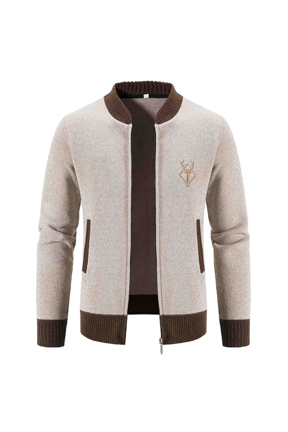 Mens Zip Up Knit Sweater Cardigan Jacket Deer Embroidery Casual Regular Fit Long Sleeve Crewneck Knitwear Coat With Pockets Versatile Outerwear