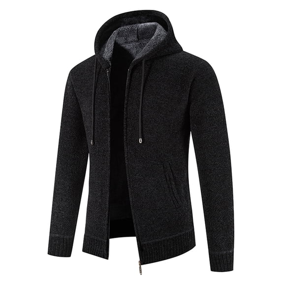 DHFJKG Mens Zip Up Hooded Sweater Jackets With Fuzzy Lining Solid Color Warm Cardigan Knitted Hoodies Coat With Pockets Classic Outerwear