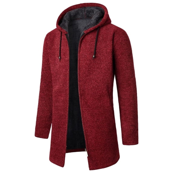 DHFJKG Mens Zip Up Hooded Sweater Jackets With Thick Fuzzy Lining Mediun Length Solid Color Warm Cardigan Knitted Hoodies Coat Comfort Outerwear