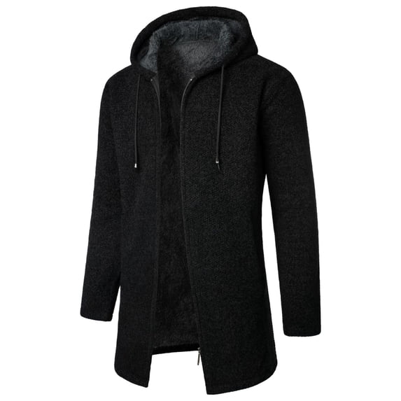 DHFJKG Mens Zip Up Hooded Sweater Jackets With Thick Fuzzy Lining Mediun Length Solid Color Warm Cardigan Knitted Hoodies Coat Soft Outerwear