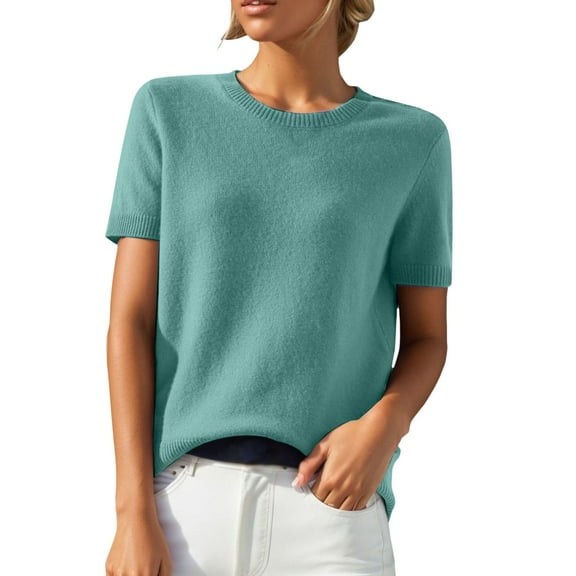 DHFJKG Merino Wool Sweaters For Women Casual Crew Neck Loose Fit Short Sleeve Solid Color Sweater For Spring Autumn Classic Tops