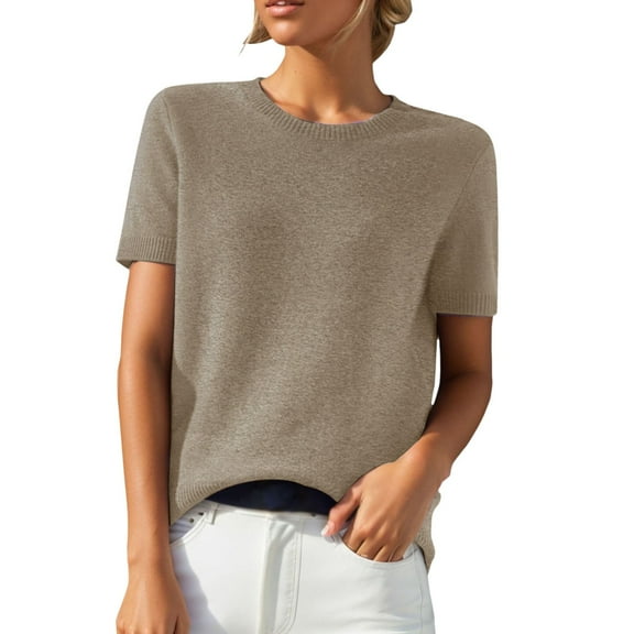 DHFJKG Merino Wool Sweaters For Women Casual Crew Neck Loose Fit Short Sleeve Solid Color Sweater For Spring Autumn Leisure Tops