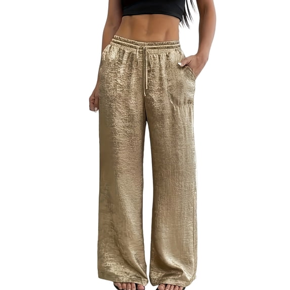 DHFJKG Metallic Pants For Women Glitter Drawstring Waist Loose Fit Wide Leg Trousers Summer Going Out Clothes Comfortable Trousers