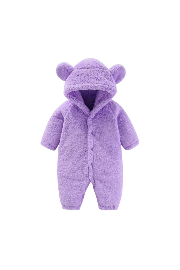 Newborn Baby Boys Girls Fuzzy Snowsuit Ears Hooded Winter Coat Solid Color Button Warm Romper Jumpsuit Outfits Fluffly Shaggy Cozy Onesies