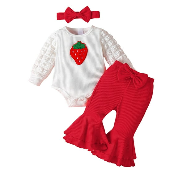 DHFJKG Newborn Baby Girl Clothes Outfits Bodysuits Strawberry Appliques Romper With Flare Pants Headband Outfit For 0-18 Months 3 Piece Lovely Sets