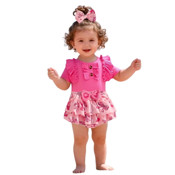 DHFJKG Baby Girls Clothes Outfits Romper Short Sleeve Ribbed Ruffle Bodysuit Watermelon Print Shorts With Headband Toddler 3 Piece Comfortable Outfit