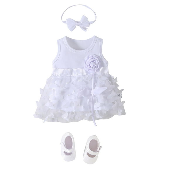 DHFJKG Newborn Baby Girls Flower Dress Sleeveless Butterfly Appliques Mini Dresses With Shoes Headband 3 Piece Set Sweet Dresses