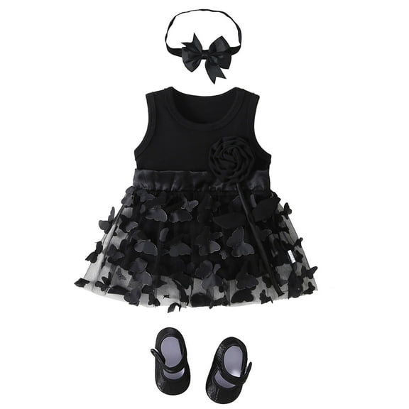 DHFJKG Newborn Baby Girls Flower Dress Sleeveless Butterfly Appliques Mini Dresses With Shoes Headband 3 Piece Set Sweet Dresses