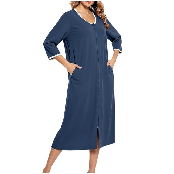 DHFJKG Nightgowns For Women 3/4 Sleeve Comfortable Loungewear Midi Sleep Dress Front Zipper Crewneck Loose Fit Tunic With Pockets Trendy Home Clothes
