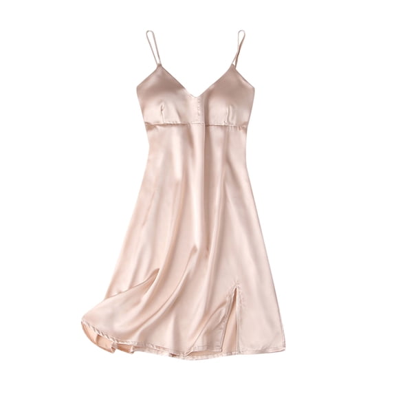 DHFJKG Nightgowns For Womens Silk Satin Mini Sleep Dress Casual Solid Color Spaghetti Strap Padded Summer V Neck Nightwear Soft Home Clothes
