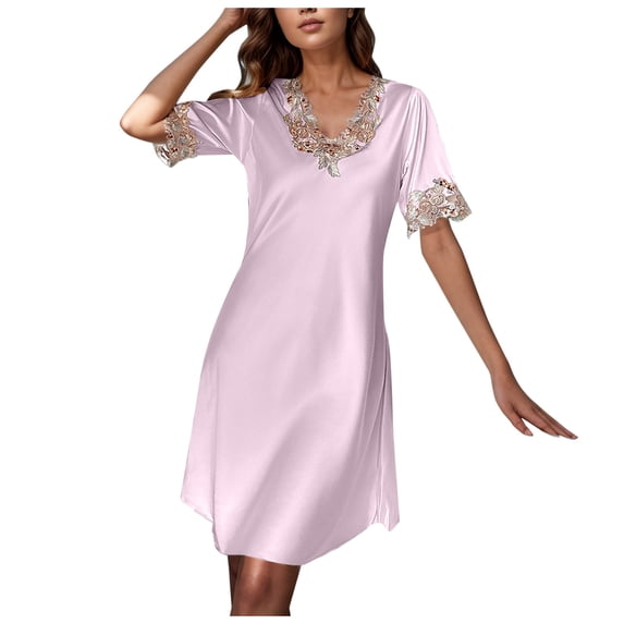 DHFJKG Nightgowns For Women Silk Satin Sleepwear Short Sleeve V Neck Pajama Lace Trim Soft Mini Sleep Dress Summer Lightweight Comfortable Home Clothes