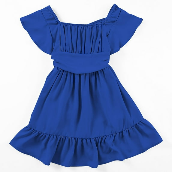 DHFJKG Off-Shoulder Girls Dresses Tie Back Solid Color Ruffle Hem A-Line Mini Dress Kids Teens 4-13 Years Comfortable Dresses