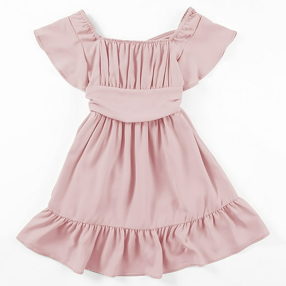 DHFJKG Off-Shoulder Girls Dresses Tie Back Solid Color Ruffle Hem A-Line Mini Dress Kids Teens 4-13 Years Soft Dresses