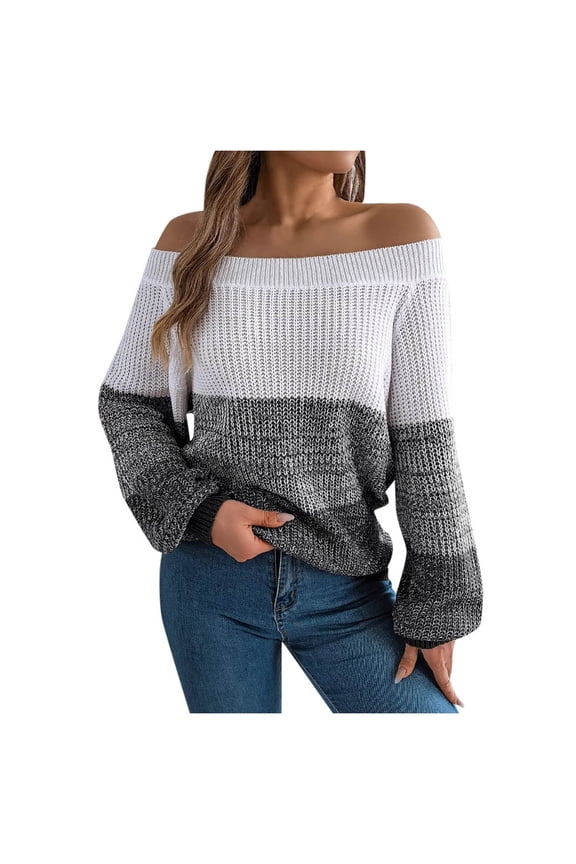 Off Shoulder Sweater For Women Color Block Lantern Long Sleeve Casual Jumper Tops Pullover Knitwear Autumn Winter Comfort Tops
