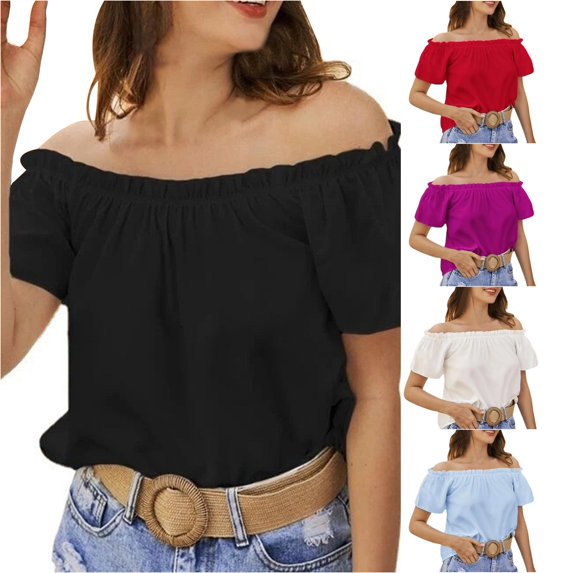 DHFJKG Off The Shoulder Tops For Women Short Sleeve Ruffle T Shirt Summer Beach Vacation Clothes