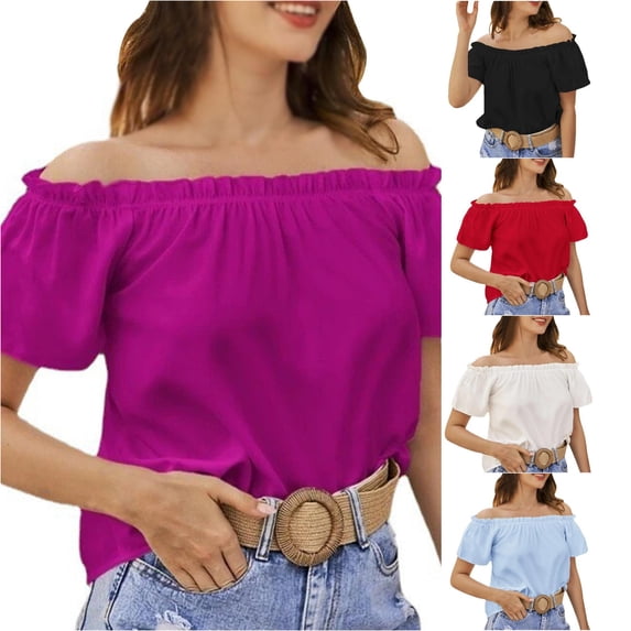 DHFJKG Off The Shoulder Tops For Women Short Sleeve Ruffle T Shirt Summer Beach Vacation Clothes