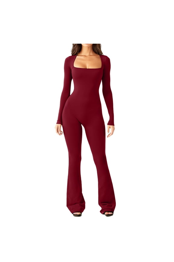 One Piece Jumpsuits For Women Workout Long Sleeve Flared Long Pants Square Neck Yoga Onesie Seamless Gym Clothes Stylish One-Pieces