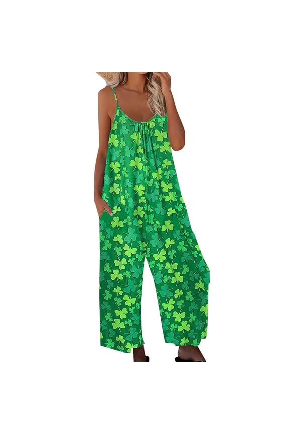 One Piece Jumpsuits For Women Adjustable Straps Overalls Summer Casual Clover Print Loose Fit Wide Leg Pants With Pockets Beach Vacation Clothes Stylish Onesie