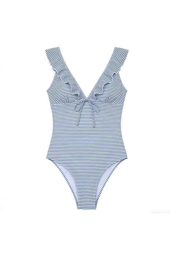 One Piece Swimsuit Women Deep V Neck Ruffle Striped Swimwear Fashion High Cut Bathing Suit Summer Resort Pool Versatile Beachwear