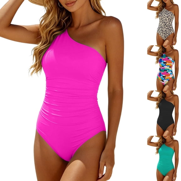 DHFJKG One Piece Swimsuit Women One Shoulder Adjustable Straps Ruched Tummy Control Sexy Bathing Suit Trendy Beachwear