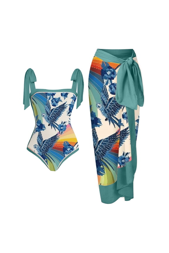 One Piece Swimsuit Women Retro Floral Lace Up Straps Bathing Suit With Beach Pants 2PCS Set Summer Resort High Cut Stylish Beachwear