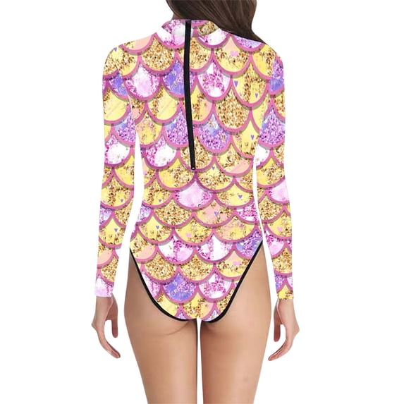 DHFJKG One Piece Swimsuit Women Scale Print Long Sleeve Rash Guard Zipper Back High Cut Bathing Suit Soft Beachwear