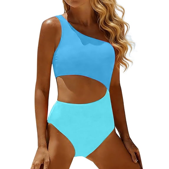 DHFJKG One Piece Swimsuit Women Tummy Control Bathing Suit One Shoulder Hallow Out Monokini Full Coverage Color Block Stylish Beachwear