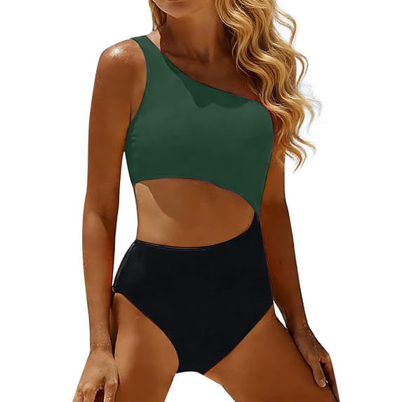 DHFJKG One Piece Swimsuit Women Tummy Control Bathing Suit One Shoulder Hallow Out Monokini Full Coverage Color Block Trendy Beachwear