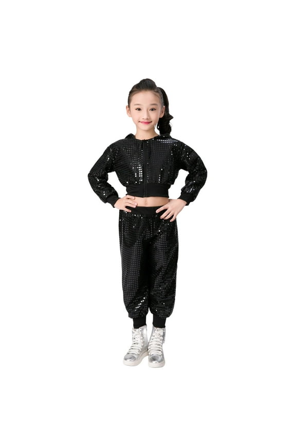 Outfit Toddler Kids Girl Clothes Solid Color Sequin Glitter Party Carnival Crop Hooded Zipper Top Long Pants Outfits Set Trendy Sets