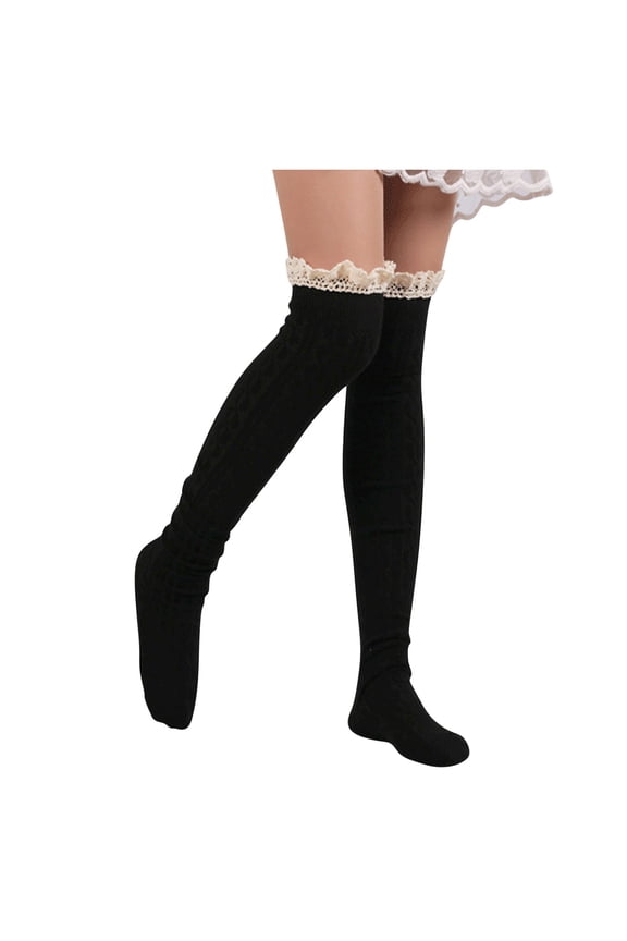 Over Knee Socks For Women Knitted Jacquard Lace Trim High Cut Socks Cozy Stockings