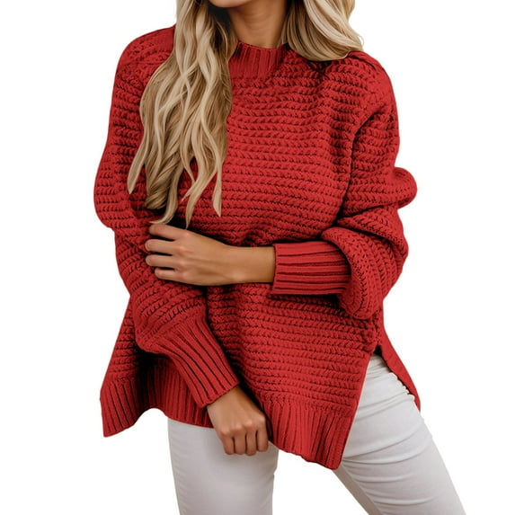 DHFJKG Oversized Knitted Sweaters For Women Long Sleeve Crewneck Pullover Side Slit Casual Warm Soft Loose Fit Textured-Knit Tunic Solid Color Stylish Tops