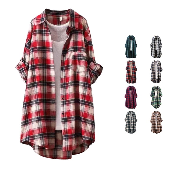 DHFJKG Oversized Shirt Women Long Sleeve Plaid Button Down Shirt Mid Length Tops With One Pocket
