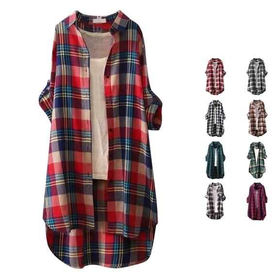 DHFJKG Oversized Shirt Women Long Sleeve Plaid Button Down Shirt Mid Length Tops With One Pocket