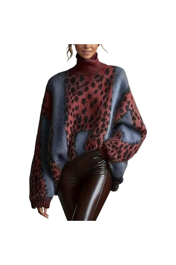 Oversized Sweaters For Women Leopard Knit Pullover Patchwork High Neck Long Sleeve Warm Fashion Clothes Trendy Tops