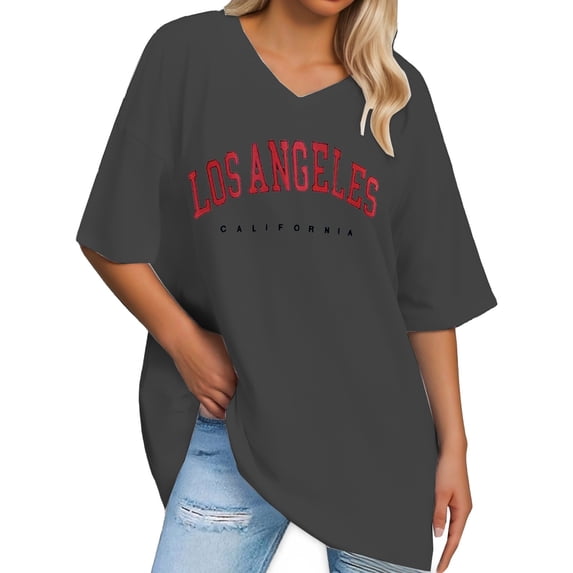 DHFJKG Oversized T Shirt Women's Letter Print Short Sleeve Vintage V Neck Top Casual Loose Fit Basic Summer Tee Shirts Trendy Tops