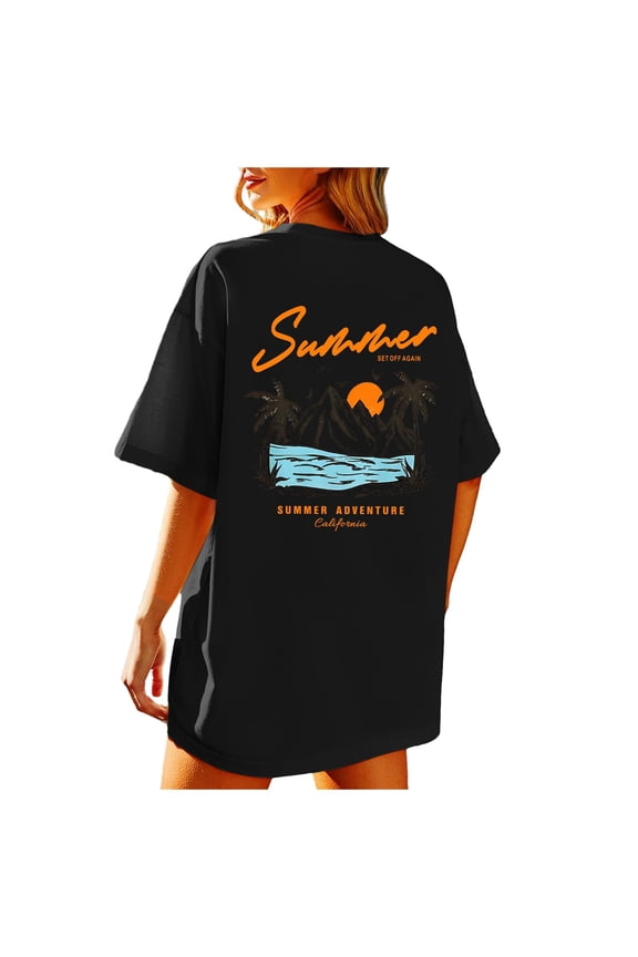 Oversized Tshirts For Women Beach Graphic Tee Tropical Printed Crew Neck Drop Shoulder Baggy Streetwear Versatile Tops