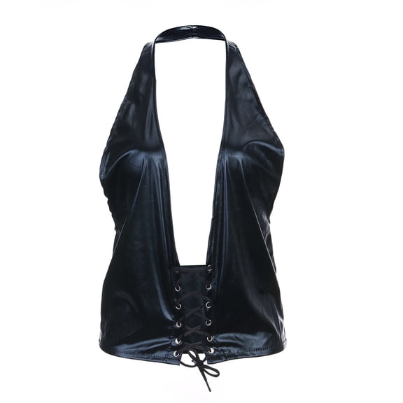 DHFJKG PU Leather Camisole Tops For Women Halter Deep V Neck Sexy Lace Up Low Cut Crop Top Slim Fit Sleeveless Summer Fashion Clothes Trendy Tops