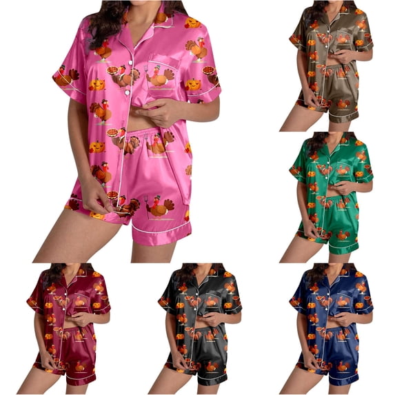 DHFJKG Pajama Sets For Women Thanksgiving Halloween Pajamas Turkey Pumpkin Print Short Sleeve Sleepwear