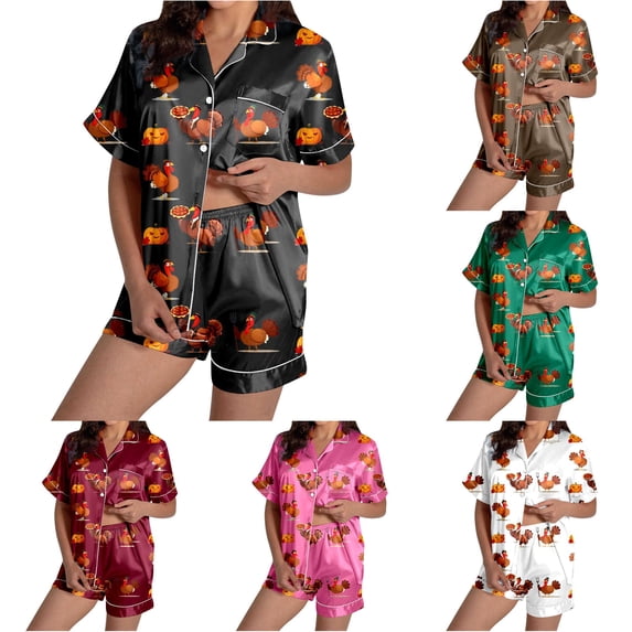 DHFJKG Pajama Sets For Women Thanksgiving Halloween Pajamas Turkey Pumpkin Print Short Sleeve Sleepwear