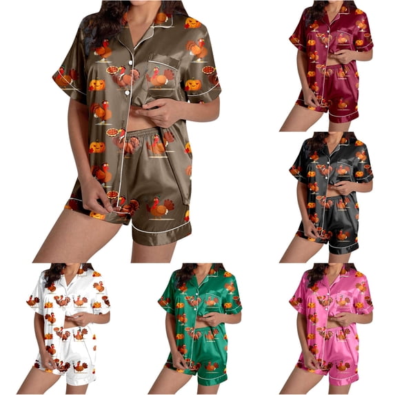DHFJKG Pajama Sets For Women Thanksgiving Halloween Pajamas Turkey Pumpkin Print Short Sleeve Sleepwear