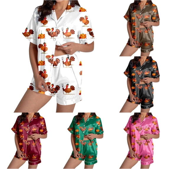 DHFJKG Pajama Sets For Women Thanksgiving Halloween Pajamas Turkey Pumpkin Print Short Sleeve Sleepwear